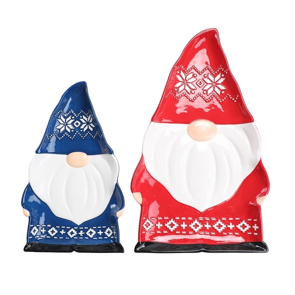 Bico Red & Blue Christmas Gnome Serving Platters Set, Handpainted, Dishwasher Safe