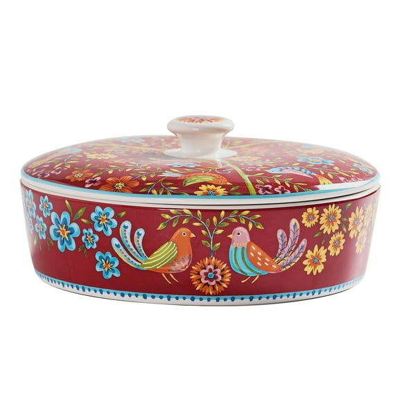 Bico Red Spring Bird Ceramic 8.8 inch Tortilla Warmer, Tortilla Server with Lid, Taco Holder for Mexican Fiesta Party, Taco Tuesday, Microwave and Dishwasher Safe