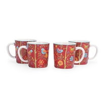Bico Red Spring Birds Ceramic 18oz Mugs, Set of 4, for Coffee, Tea, Drinks, Microwave & Dishwasher Safe