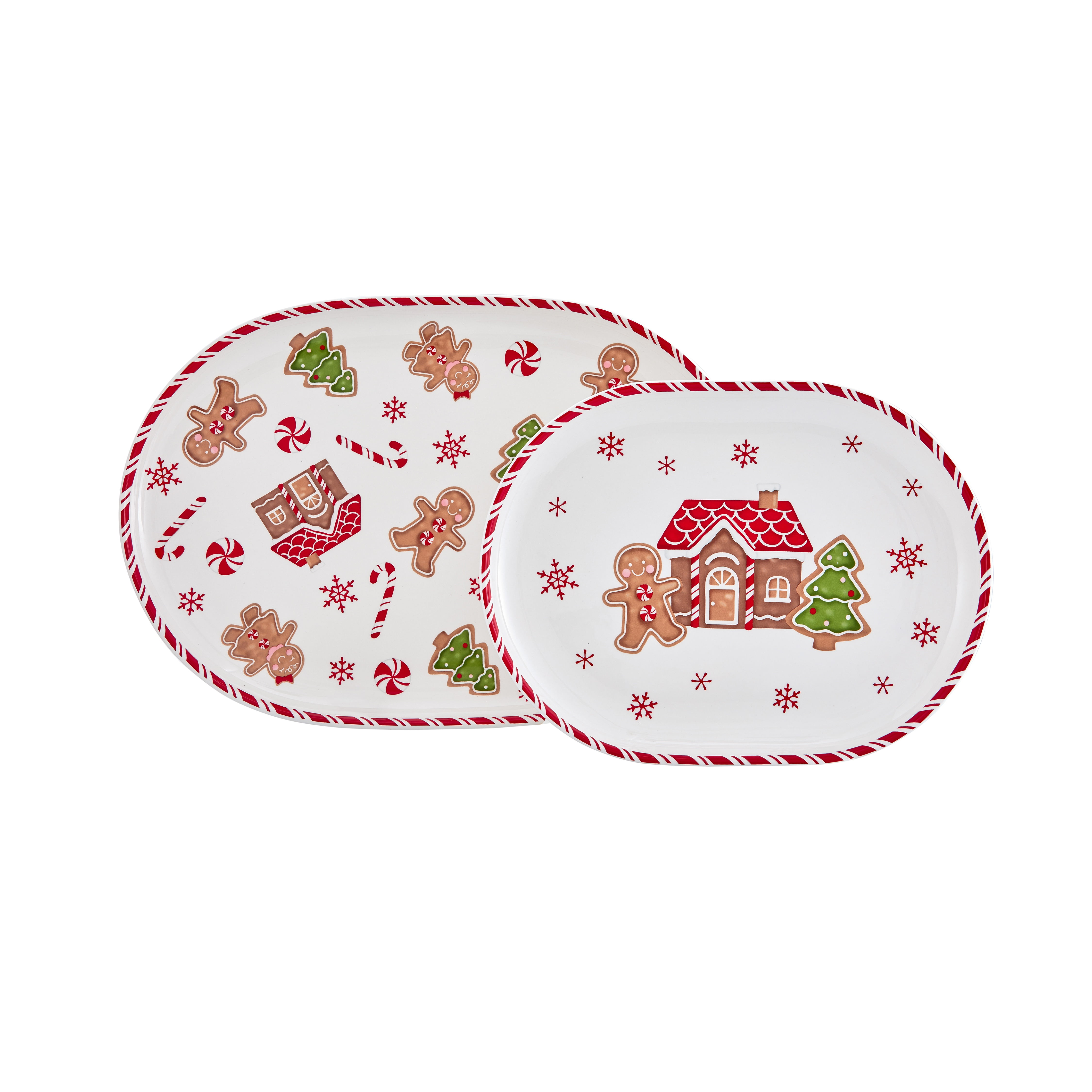 Bico Traditional Christmas Gingerbread Man Ceramic 16 inch plus 12 inch Ceramic Oval Platter, Set of 2, for Serving Turkey, Steak, Salad, Microwave & Dishwasher Safe