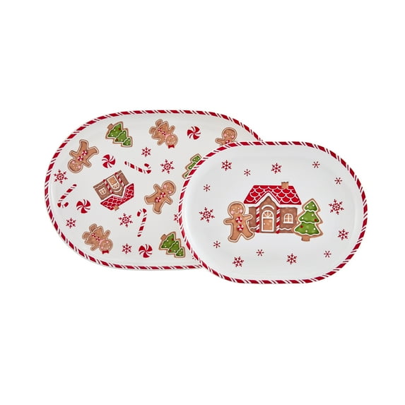 Bico Traditional Christmas Gingerbread Man Ceramic 16 inch plus 12 inch Ceramic Oval Platter, Set of 2, for Serving Turkey, Steak, Salad, Microwave & Dishwasher Safe