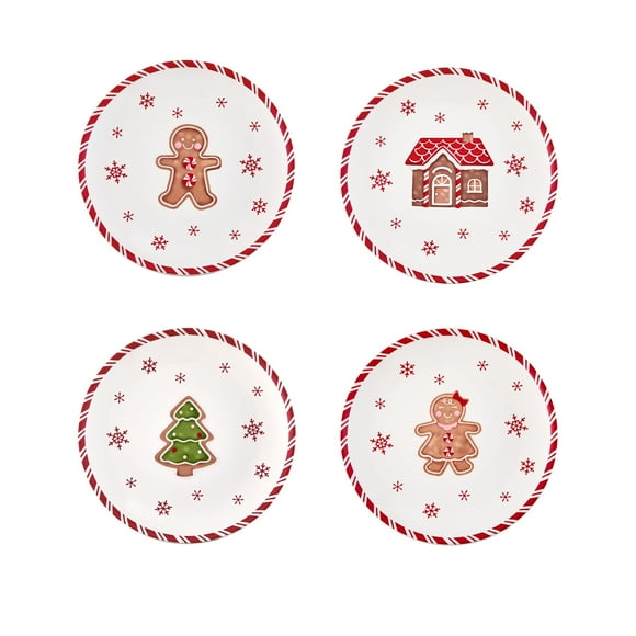 Bico Traditional Christmas Gingerbread Man Ceramic 8.75 inch Holiday Salad Plates Set, Set of 4, for salad, appetizer, tapas, Microwave and Dishwasher Safe, Scratch Resistant