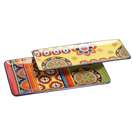 Bico Tunisian Ceramic 14 inch Rectangular Serving Platter, Set of 2, for Serving Salad, Pasta, Cheese, Ham, Appetizer, Microwave & Dishwasher Safe