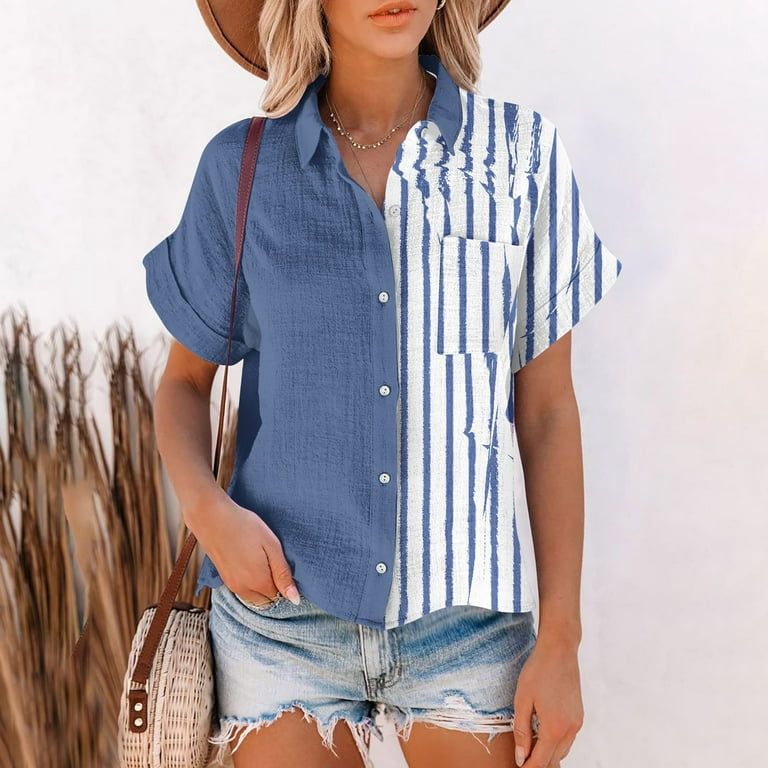 Bicoasu Womens Tops Female V-Neck Short Sleeve Casual T-Shirts Tops Cotton  Linen 2023 Summer Shirts Tops for Women Dark Blue S