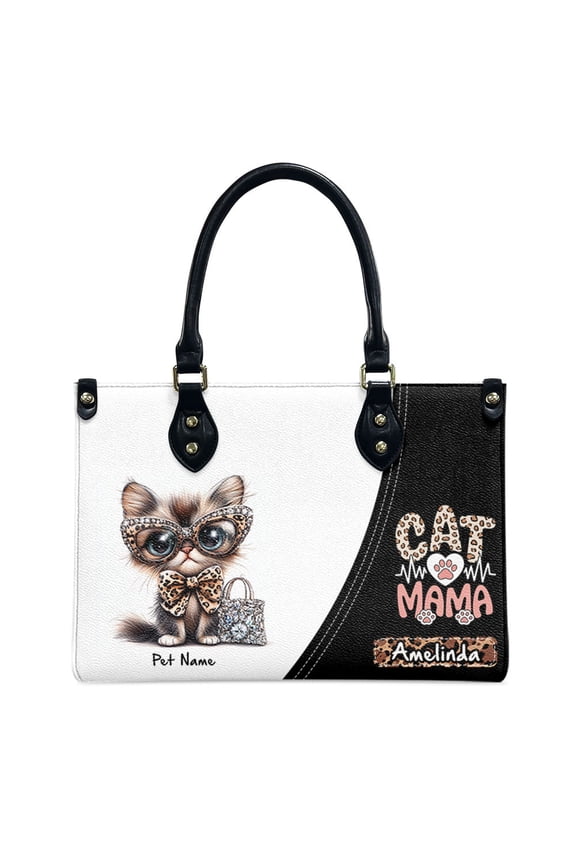 Bicolor Cat Bag, Personalized Leather Handbags For Women - Personalized Bag with Name - Tote Bags for Mom Grandma - Custom Gifts Ideas for Her, Gift for Cat Lover, Cat Mom