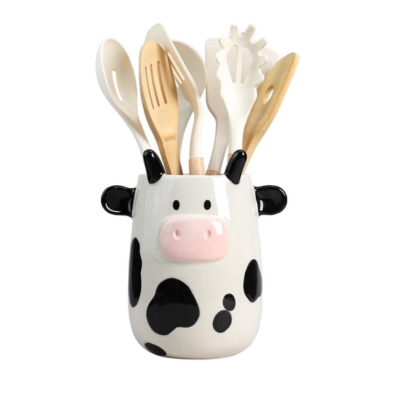 Bicuzat Ceramic Cartoon Cow Shaped Kitchen Utensil Holder, Large Cooking Utensil Crocks, Ceramic Utensil Organizer for Spatula, Kitchen, Home Decoration Y101