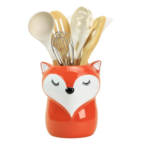 Bicuzat Ceramic Fox Cartoon Animal Pattern Kitchen Utensil Holder, Large Cooking Utensil Crocks for Kitchen Countertop, Cartoon Style Utensil Organizer A101