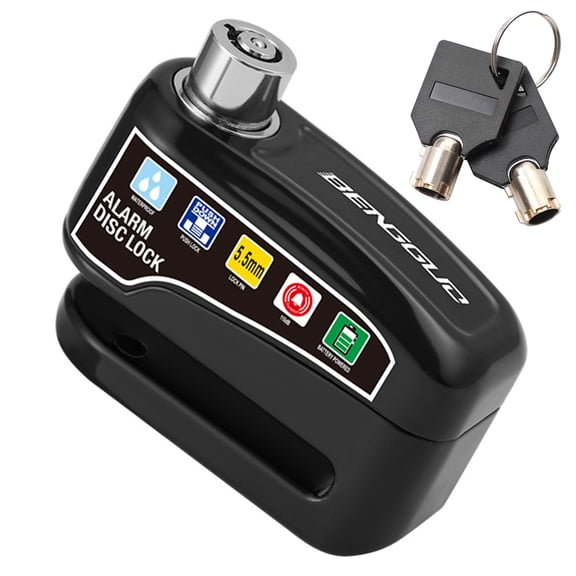 Bicycle Alarm Disc Brake Electric Lock with Keys Motorcycle Alarm Brake Rotor Padlock Aluminum Alloy Motorcycle Bike Accessories Waterproof Longlife Battery (Black)