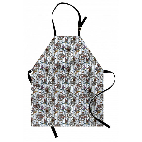 Bicycle Apron Nostalgic Bicycle Summer Flowers in Basket Accompanied with Colorful Hummingbird, Unisex Kitchen Bib Apron with Adjustable Neck for Cooking Baking Gardening, Multicolor, by Ambesonne