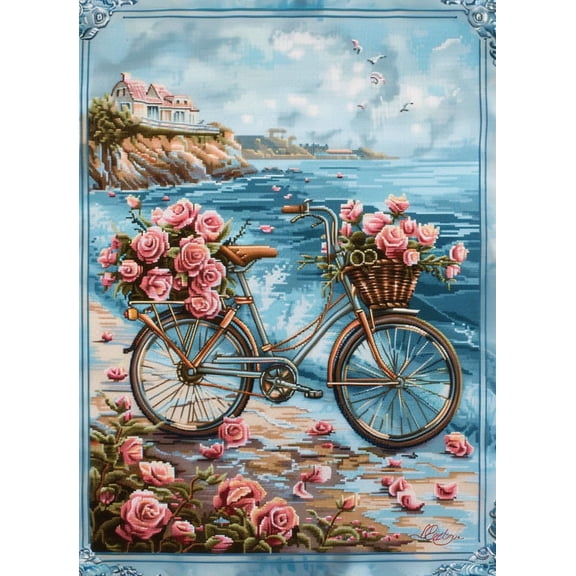 Bicycle Basket Roses Seaside Landscape DIY 11CT Stamped Cross Stitch Kits for Beginners Easy Needlepoint Embroidery Counted Cross Stitch Art Craft for Wall Decoration 12x16inch(7)