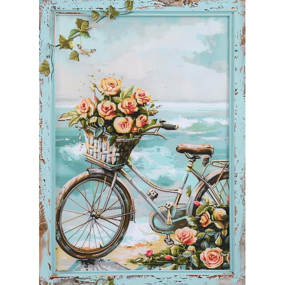Bicycle Basket Roses Seaside Landscape DIY 11CT Stamped Cross Stitch Kits for Beginners Easy Needlepoint Embroidery Counted Cross Stitch Art Craft for Wall Decoration 12x16inch(5)