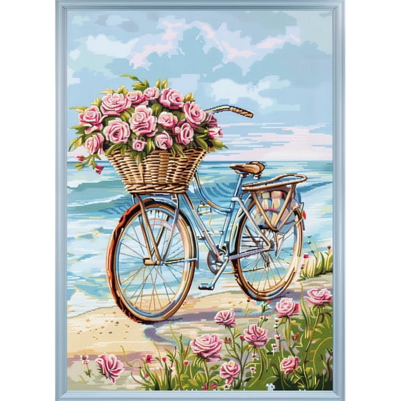 Bicycle Basket Roses Seaside Landscape DIY 11CT Stamped Cross Stitch Kits for Beginners Easy Needlepoint Embroidery Counted Cross Stitch Art Craft for Wall Decoration 16x20inch(8)