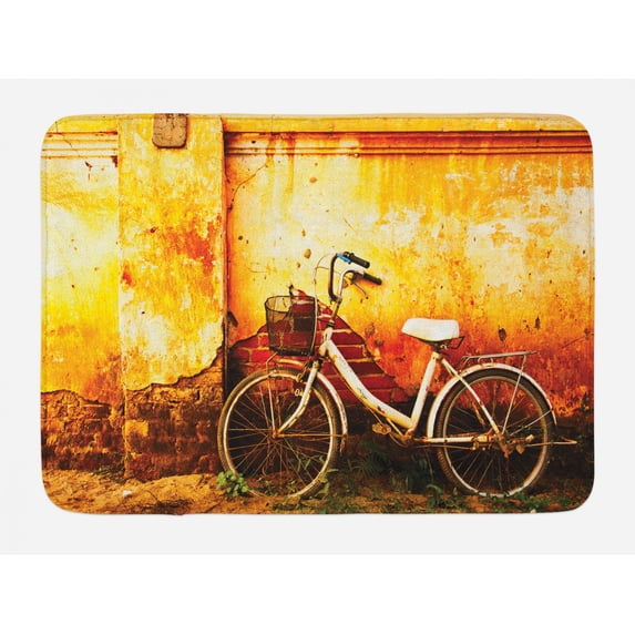 Bicycle Bath Mat, Vintage Bike in front of A Rusty Dirty Cracked Broken Brick Wall Lifestyle Artsy Photo, Non-Slip Plush Mat Bathroom Kitchen Laundry Room Decor, 29.5 X 17.5 Inches, Sepia, Ambesonne
