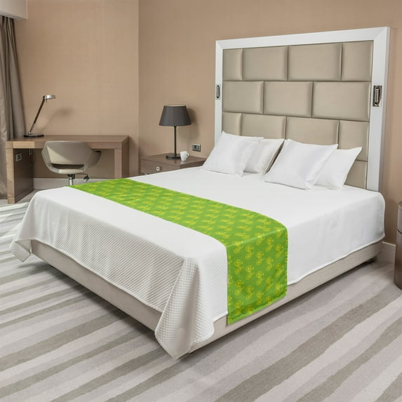 Bicycle Bed Runner, Illustration of Continuous 2 Wheel Items in Nature Tones Retro Feels, Decorative Accent Bedding Scarf for Hotels Homes and Guestrooms, King, Lime Green and Yellow, by Ambesonne