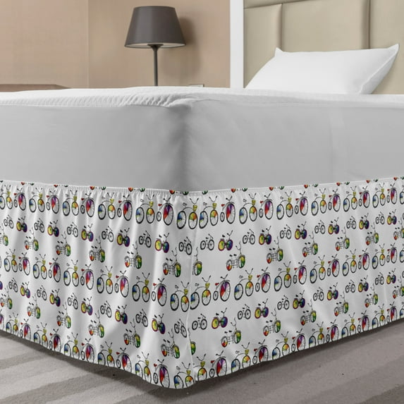 Bicycle Bed Skirt, Hand Drawn Penny-Farthing Tandem and City Bikes Colored Rims Cartoon Style, Elastic Bedskirt Dust Ruffle Wrap Around for Bedding Decor, 4 Sizes, Multicolor, by Ambesonne