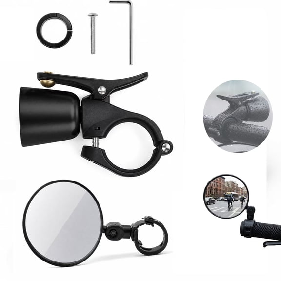 Bicycle Bell & Handlebar Mirror, Loud Classic Horn for 22.2-31.8mm, Safe Easy Install for Mountain, Road & Scooter