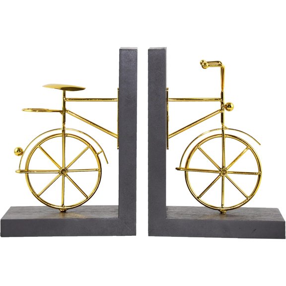 Bicycle Bookend Supports, Decorative Book Stoppers with Non-Skid Bottom, Handcrafted Distressed Wood & Metal Book Stand, Display for Bookshelf Office Desktop, 1-Pair, Golden & Brown$$Office