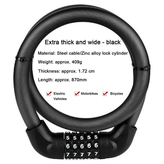 Bicycle Cable Lock in 87CM, Combination Safety Code Cable Lock, Thicker and Longer Alloy Anti-Theft 5-Digit Combination Lock Extended Portable Device with Long Cable