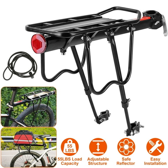 Bicycle Cargo Rack, TeqHome Rear Bike Rack Quick Release Adjustable Aluminum Bicycle Carrier with Elastic Cord Red Reflector 55 LBS Capacity Easy to Install Black
