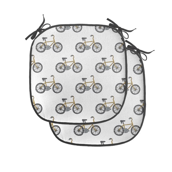 Bicycle Chair Seating Cushion Set of 4, Hand Drawn Doodle Cycling Theme Pattern of Yellow Bike Leisure Hobby Street Art, Seat Pads with Anti-slip Backing, 16"x16", Mustard Black, by Ambesonne
