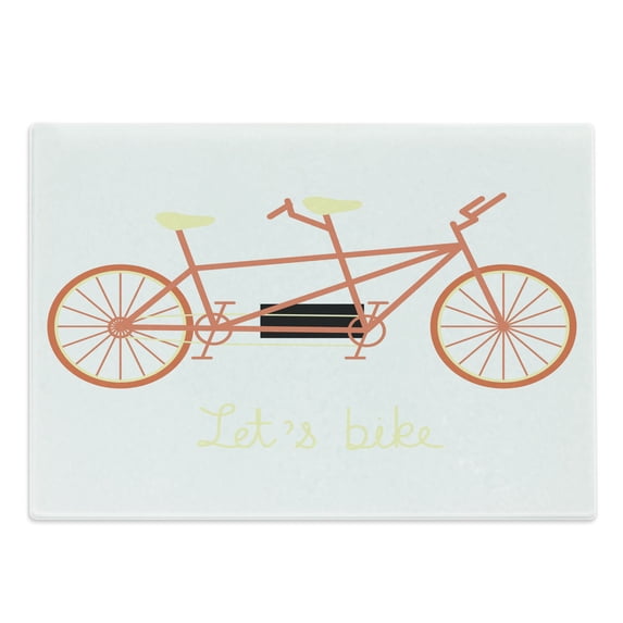 Bicycle Cutting Board, Lets Bike Hand Lettering Words and Retro Vehicle Summertime Hobby, Decorative Tempered Glass Cutting and Serving Board, Large Size, Pale Yellow Black, by Ambesonne