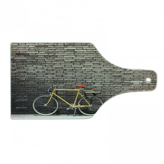 Bicycle Cutting Board, Past Times Aesthetic Road Bike Lean Brick Wall Outdoor Daily Town Life Photo, Tempered Glass Cutting and Serving Board, Wine Bottle Shape, Grey Yellow Red, by Ambesonne