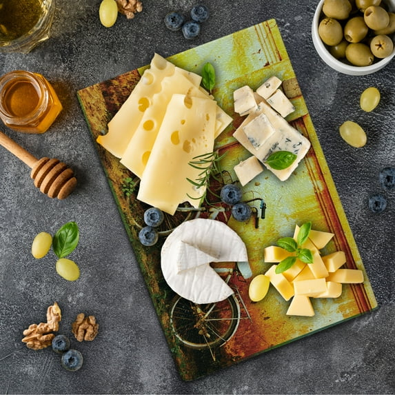 Bicycle Cutting Board, Vintage Bike in Front of a Rusty Dirty Cracked Broken Brick Wall Lifestyle Photo, Decorative Tempered Glass Cutting and Serving Board, Small Size, Sepia, by Ambesonne