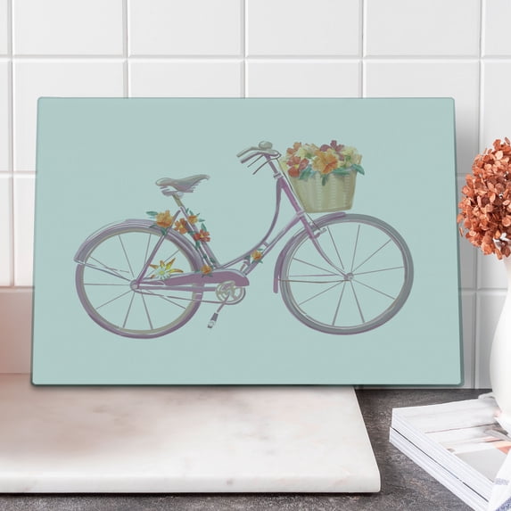 Bicycle Cutting Board, Watercolor Illustration of a Pink Bicycle with Flowers Romantic Vintage, Decorative Tempered Glass Cutting and Serving Board, Large Size, Multicolor, by Ambesonne