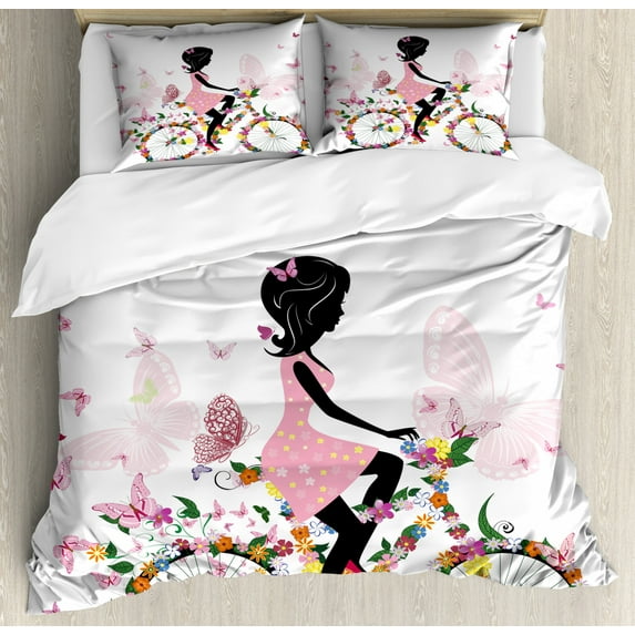 Bicycle Duvet Cover Set King Size, Girl in a Pink Dress Riding a Bike with Colorful Flowers and Romantic Butterflies, Decorative 3 Piece Bedding Set with 2 Pillow Shams, Multicolor, by Ambesonne