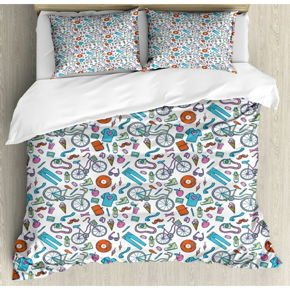 Bicycle Duvet Cover Set King Size, Hipster Lifestyle Objects of Bicycle Camera Vinyl Record Ice-Cream Apple Moustache, Decorative 3 Piece Bedding Set with 2 Pillow Shams, Multicolor, by Ambesonne