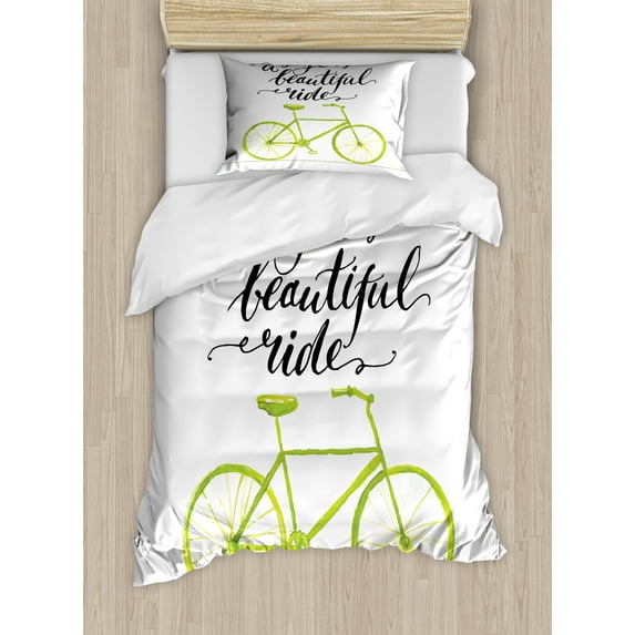 Bicycle Duvet Cover Set, Life is a Bike Ride Words Print Pastel Color Unique Ride Graphic, Decorative 2 Piece Bedding Set with 1 Pillow Shams, Twin Size, Green Black, by Ambesonne