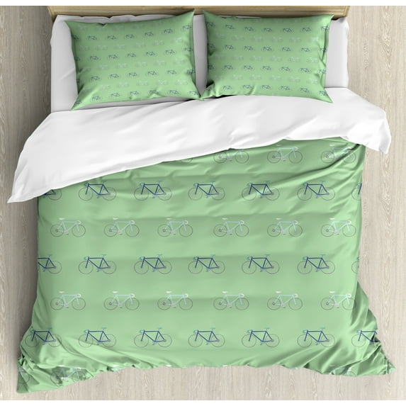 Bicycle Duvet Cover Set, Rhythmic Motifs of Bikes on Pastel Tone Backdrop Illustration, Decorative 3 Piece Bedding Set with 2 Pillow Shams, Queen Size, Pale Green Dark Lavender, by Ambesonne