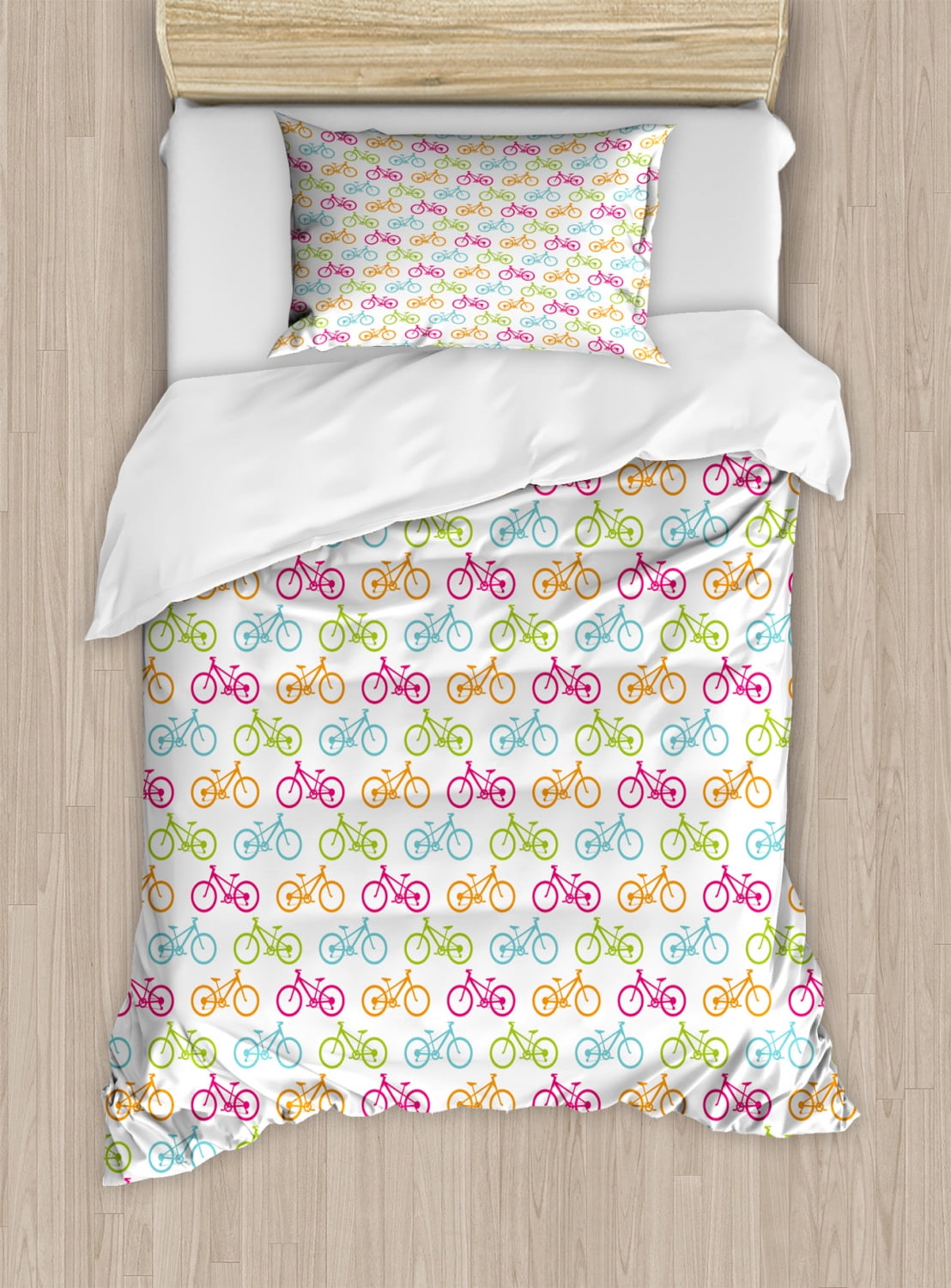 Twin Size Multicolor Bicycle Print Microfiber Duvet Cover Set
