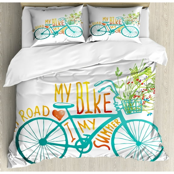 Bicycle Duvet Cover Set, Vintage Summer Bike a Floral Bouquet Vehicle for Transport Illustration, Decorative 3 Piece Bedding Set with 2 Pillow Shams, Queen Size, Turquoise Yellow, by Ambesonne