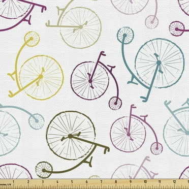 Ambesonne Bicycle Fabric by the Yard Upholstery, Colorful Retro Bike Pattern, 5 Yards, Multicolor