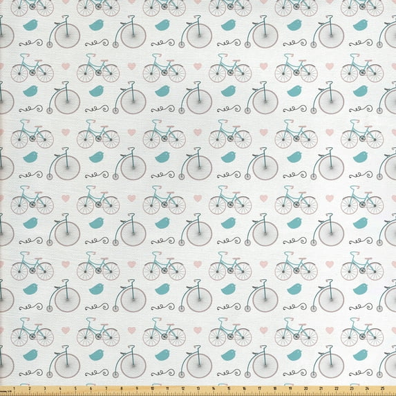 Bicycle Fabric by the Yard, Diverse Size Repeating Nostalgic Bikes with Heart and Leaf Motifs Hipster Art, Upholstery Fabric for Dining Chairs Home Decor Accents, Soft Pink Blue by Ambesonne