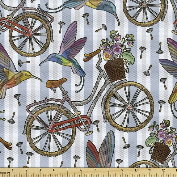 Ambesonne Bicycle Fabric by the Yard Upholstery, Nostalgic Flower Bird, 3 Yards, Multicolor