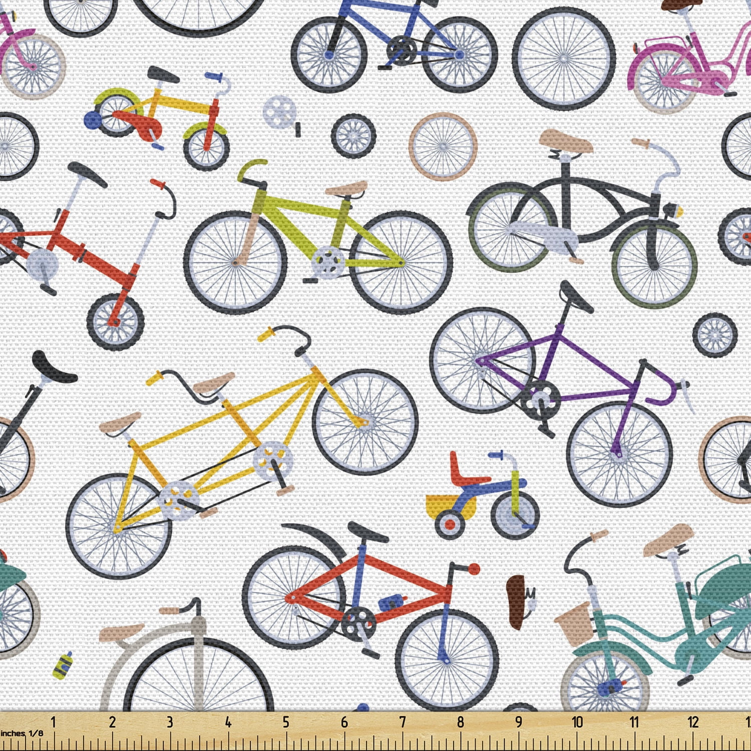 Retro Bicycle Print White Polyester Canvas Fabric