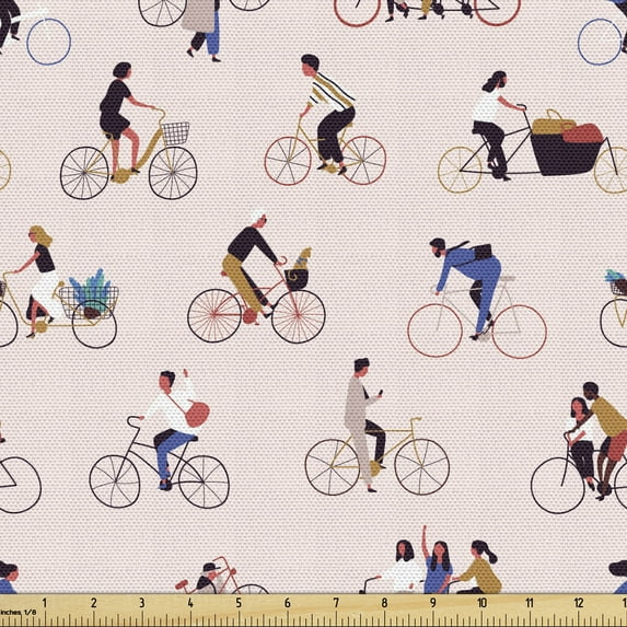 Ambesonne Bicycle Fabric by the Yard Upholstery, Men and Women on Bikes Art, 10 Yards, Pale Rose Multicolor