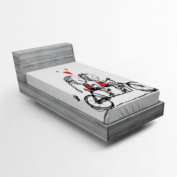 Ambesonne Love Fitted Sheet, Couple Cycling Together, Twin XL Size, Black White Scarlet