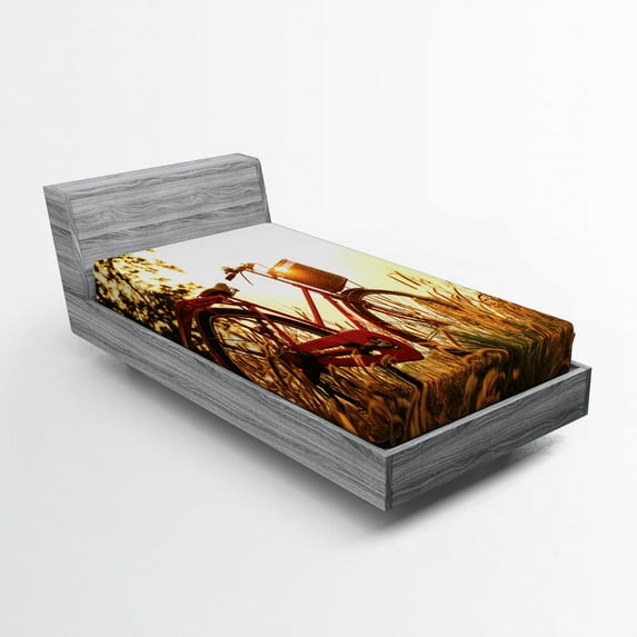 Ambesonne Retro Fitted Sheet, Bike in Sepia Tones Rural, Twin XL Size, Red Orange Yellow