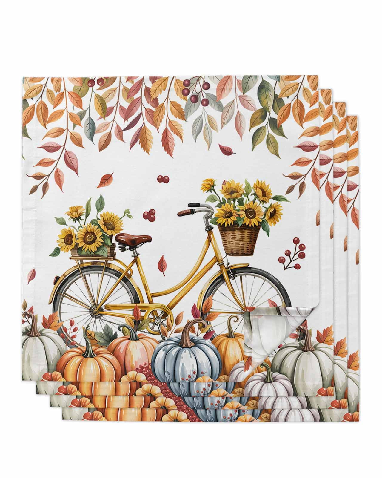 Bicycle Floral Fall Cloth Napkins Set of 4 Reusable Dinner Napkins ...