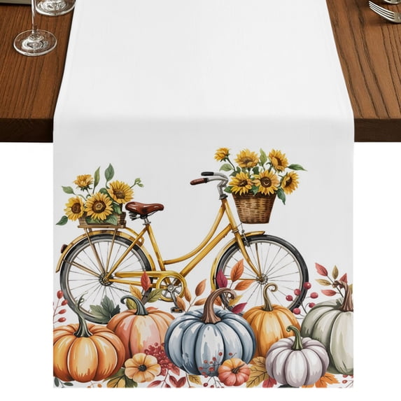 Bicycle Floral Fall Table Runner 70 Inches Long,Thanksgiving Pumpkin Sunflower Leaves Cotton Linen Table Runners Dresser Scarves,Fabric Tabletop Scarf Furniture Cover for Home Dinner Party 13"x70"