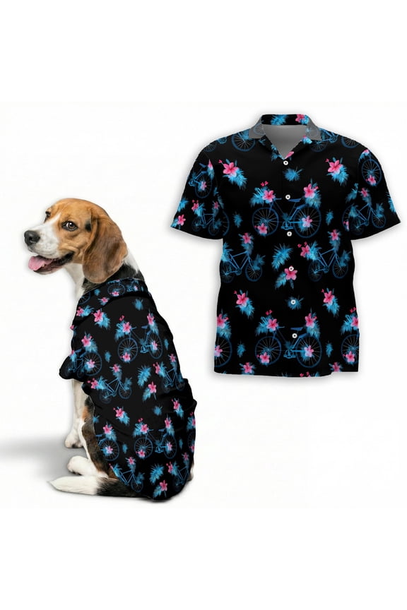 Bicycle Floral Hawaiian Shirt, Button Down Shirt for Adults or Dogs, Cuban Collar, Short Sleeve Polyester Summer Shirt