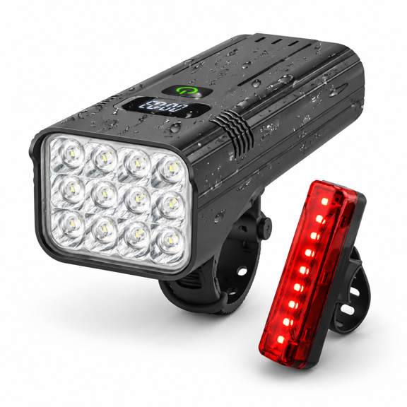 Bicycle Front and Rear Light Set, Black 12 LED, USB-C Rechargeable for Night Riding