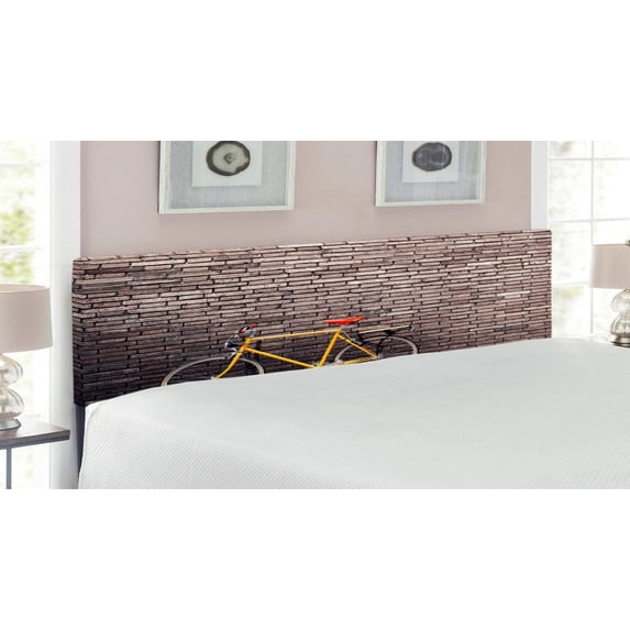 Bicycle Headboard, Past Times Aesthetic Road Bike Lean Brick Wall Outdoor Daily Town Life Photo, Upholstered Decorative Metal Bed Headboard with Memory Foam, King Size, Grey Yellow Red, by Ambesonne