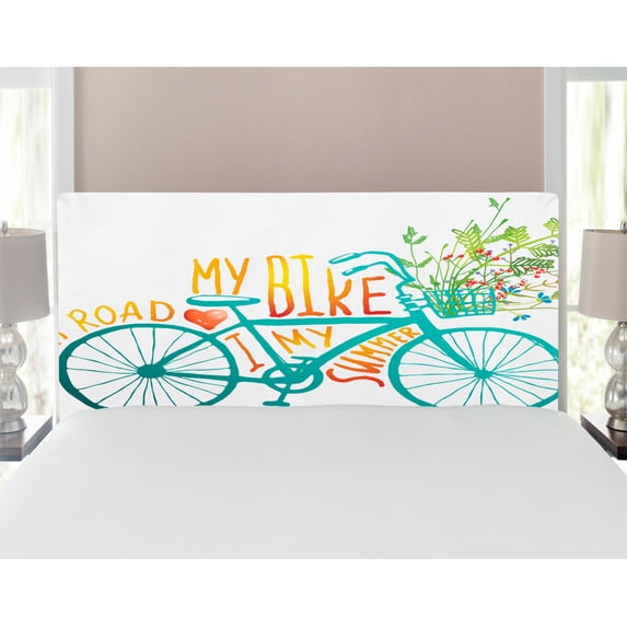 Bicycle Headboard, Vintage Summer Bike a Floral Bouquet Vehicle for Transport Illustration, Upholstered Decorative Metal Bed Headboard with Memory Foam, Full Size, Turquoise Yellow, by Ambesonne