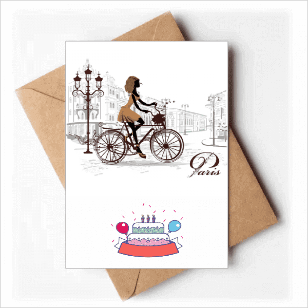 Bicycle Lady France Illustration Pattern Happy Birthday Greeting Cards Envelopes Blank