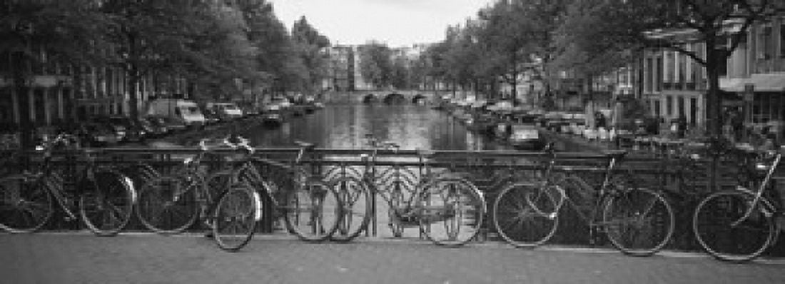 Bicycle Leaning Against A Metal Railing On A Bridge Amsterdam Netherlands Canvas Art - Panoramic Images (18 x 7)