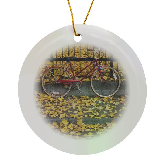 Bicycle On A Fence Amidst Yellow Autumn Leaves - Us38 Bbr0143 - Brent Bergherm, Circle Porcelain Ornament